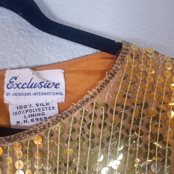 Vintage Silk Gold Sequined Made In India Dolman Sleeve Metallic Crew Neck L - Picture 5 of 12